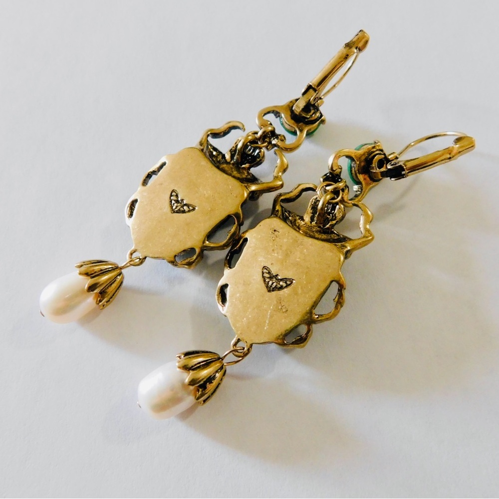 Gold Earrings Art Deco Green Scarab Beetle Pearl Crystal Egyptian Jewelry Gifts - Picture 3 of 4